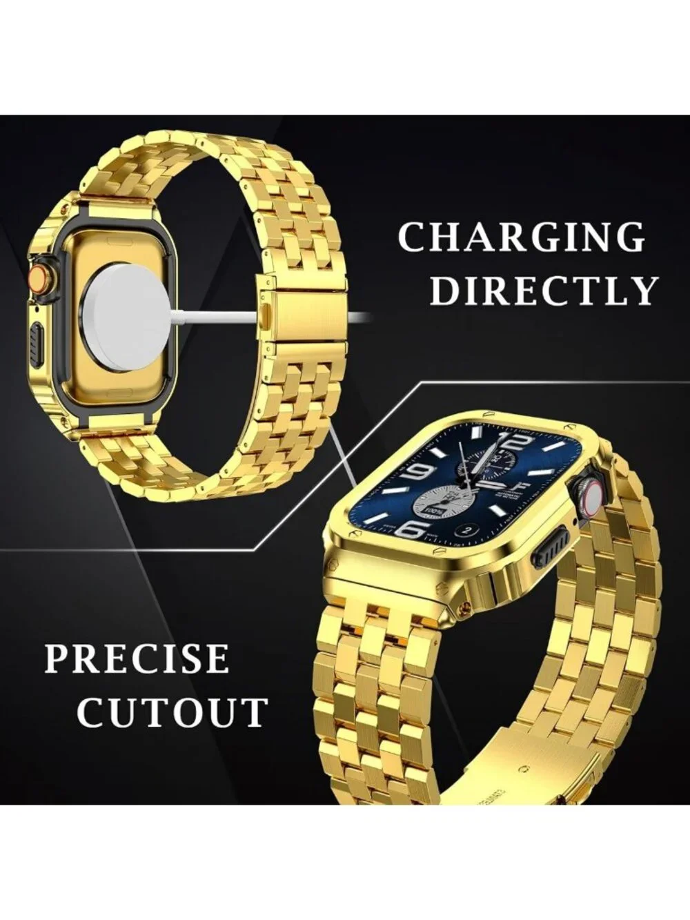 Rugged Stainless Steel Case for Apple Watch 45mm, Adjustable Metal Band, Gold